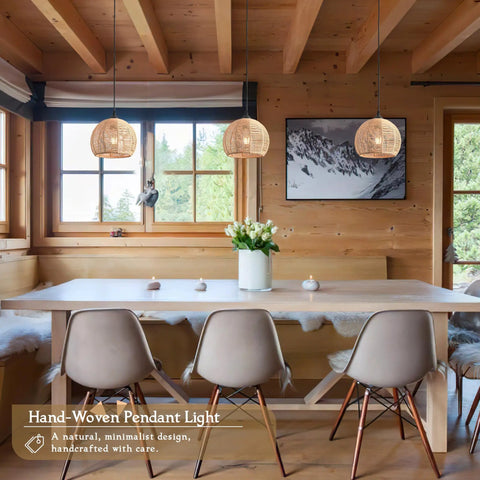 Top Tier Hand Woven Wicker Pendant Lights Trio Boasts A Natural Rattan Dome Shell With Long Adjustable Wires And Ready To Use Bulbs over wooden dining table.