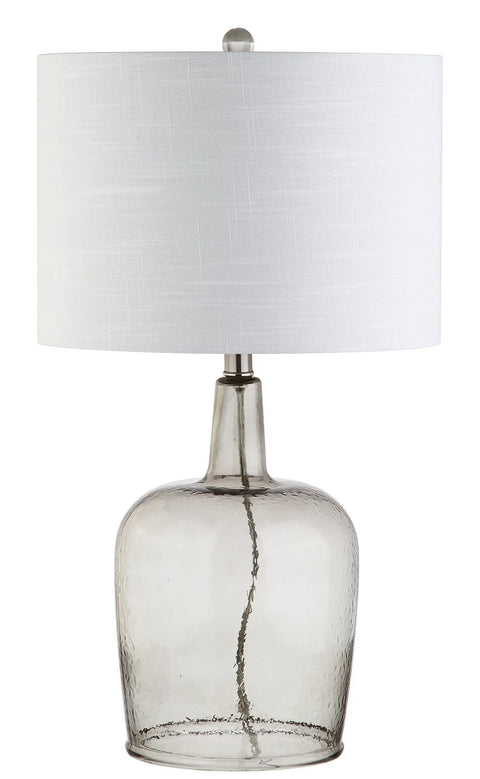Smoked Gray Glass LED Table Lamp 26 Inches Dope Modern Look Bedside Nightstand Light with White Linen Drum Shade and Chrome Accents