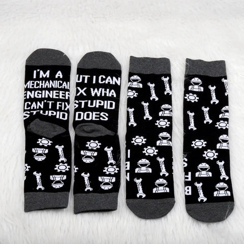 Two Pairs Mechanical Inspired Engineer Socks I Am A Mechanic I Cant Fix Stupid But I Can Fix What Stupid Does on white background