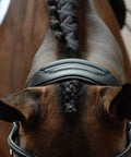 Top view of horse with ComFiTec Vogue Anatomical Bridle With Ultra Soft Padding Headpiece, Brown Warmblood Horse Tack is visible.