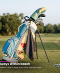 Golf bag with funny microfiber golf towel, carabiner clip attached, waffle-weave design for cleaning clubs, men and dad gift.