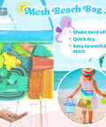 Mesh bag with Packable Beach Toys For Kids And Tots 22 Piece Sand Set and foldable bucket on a sunny beach background.