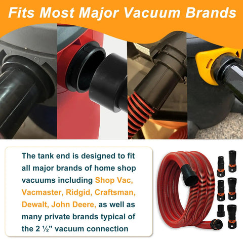 Versatile 16 Foot Vacuum Hose Kit With 6 Adapters For Dust Collection, showcasing connections to various major vacuum brands.