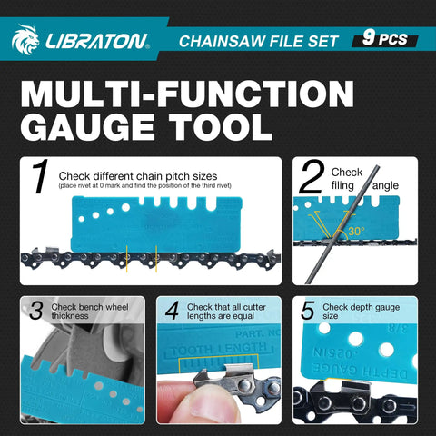 Boss Chainsaw File Set With Multiple Files In Five Thirty Two Three Sixteen And Seven Thirty Two Inch Sizes Plus A Six Inch Flat File Depth Gauge Filing Guide shown with gauge tools for sharpening chainsaw