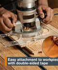 A Damn Sharp Transparent Acrylic Router Template For Woodworking Boasts Thirteen Circle Sizes Packed In A Single Piece, attaching to wood with double-sided tape.