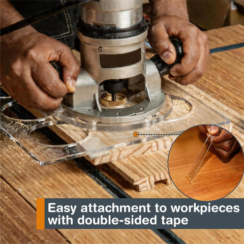 A Damn Sharp Transparent Acrylic Router Template For Woodworking Boasts Thirteen Circle Sizes Packed In A Single Piece, attaching to wood with double-sided tape.
