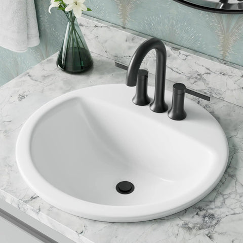 Ready To Rock 19 Inch Round Drop In Bathroom Sink Crafted From Premium Vitreous China Featuring Pre Drilled Faucet Holes Rear Drain Overflow Guard And Crisp White Tone For Your Bathroom on marble countertop.