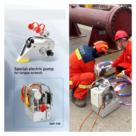Top Tier Hydraulic Torque Wrench Featuring Adjustable Square Drive And Bulletproof Three Percent Accuracy For Knocking Out Massive Bolts Smooth Operation Up To Seventy Mega Pascal Pressure Goes Hard All Day with electric pump in industrial setting.