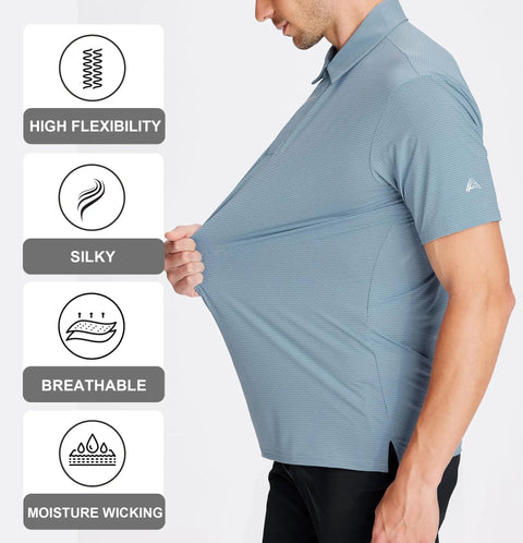 Man wearing Jacquard Golf Polo Shirts For Men With Moisture Wicking Tech Short Sleeve Performance Dry Fit Activewear Polo Hidden Placket