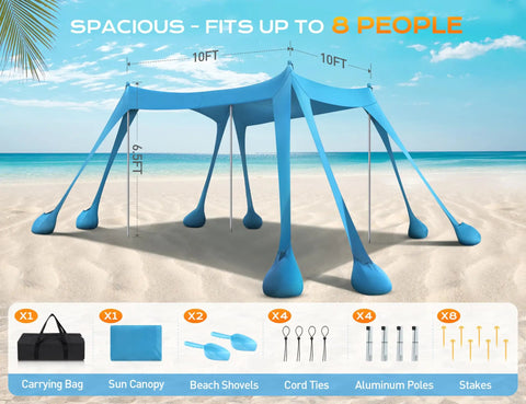 Beach Canopy Sun Shelter 10x10ft With UPF50 UV Protection Windproof Durable Shade Tent With 8 Sandbags and Stability Poles