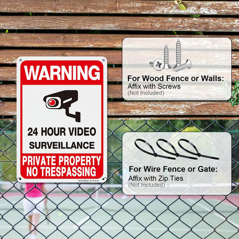 2 Pack Private Property No Trespassing Sign Set For Outdoor Use Video Surveillance Signs In Rust Free Aluminum displayed on fence
