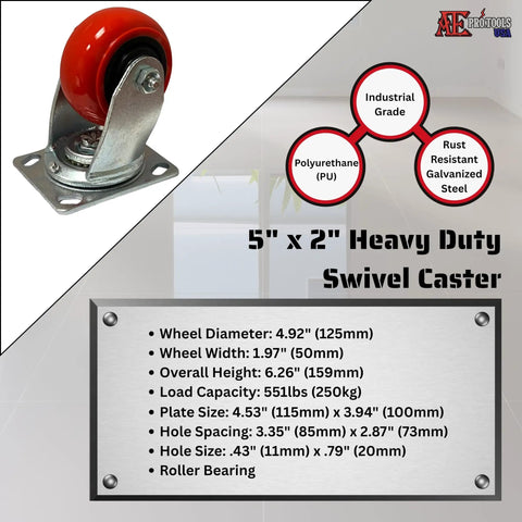 Heavy Duty 5 Inch Polyurethane Caster Set Swivel And Fixed Plate Wheels with 551 lb load capacity and industrial grade design.