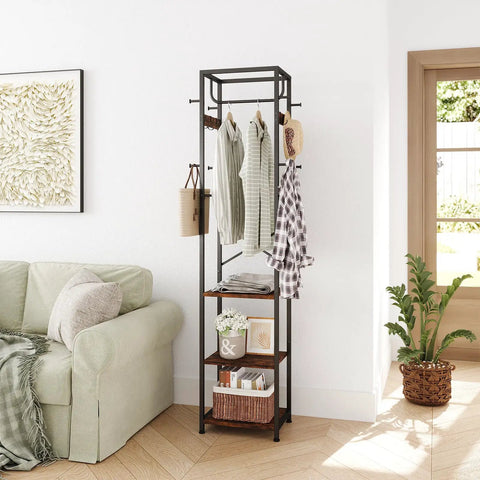 Freestanding Coat Rack With 3 Storage Shelves And 12 Hooks, Industrial Hall Tree Organizer in a living room with rustic brown finish.