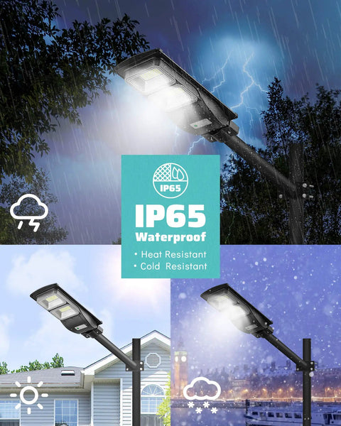 2 Pack 2400W Solar Powered Street Lights With 6000K LED Dusk To Dawn Outdoor Solar Flood Security Light With Motion Sensor IP65 Waterproof shown in rain and snow conditions