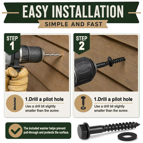 Installation steps of Beefy Lag Screws Kit 3/8 Inch By 3 Inch With Washers 80 Pack Black Ceramic Coated for woodworking.