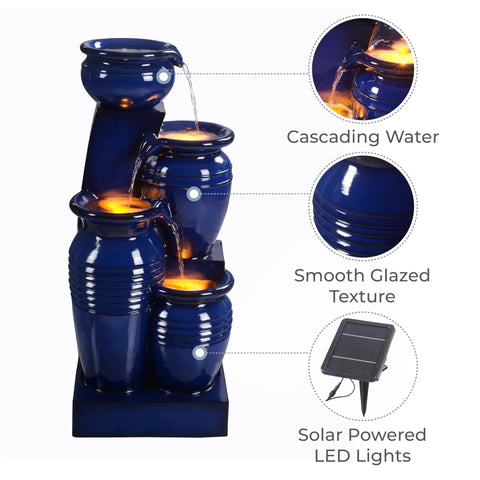 4 Tier Cascading Solar Powered Water Fountain With Navy Finish Illuminated By LED Lights Outdoor Garden Water Feature Featuring Four Jar Tiers With Decorative Rings A Showstopper For Patio Or Backyard