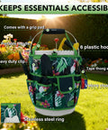 Five-Gallon Bucket Tool Organizer With 18 Pocket Garden Caddy And Hangable Handle, green with tools in garden setting.