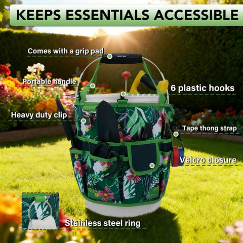 Five-Gallon Bucket Tool Organizer With 18 Pocket Garden Caddy And Hangable Handle, green with tools in garden setting.