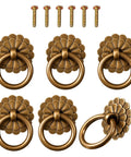 Six Piece Antique Brass Cabinet Ring Pulls Bringing A Flat Out Vintage Drop Ring Vibe To Your Kitchen Cabinets Ideal For Fast Furniture Refreshes And Smooth Daily Access featuring dual flower-shaped backplates.