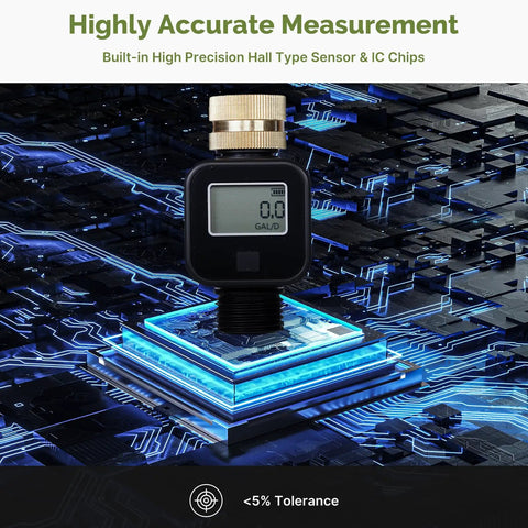 Water Flow Meter With Brass Inlet For Hose And RV Tank Fill showcasing Hall sensor technology.