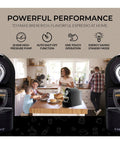 Compact Black Espresso Machine Bundle Pushing 20 Bar Pressure For Rich Creamy Crema In Just 30 Seconds in a kitchen setting.