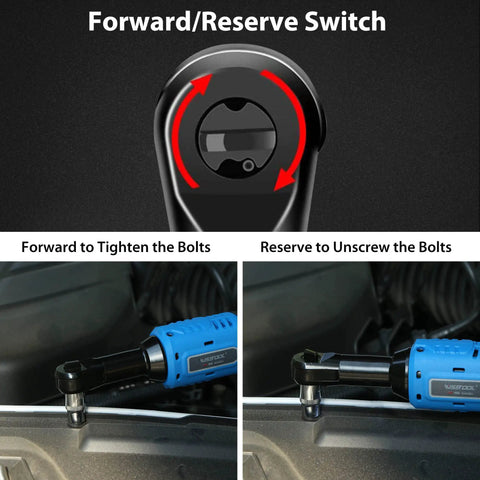 Beefy 20V Cordless Electric Ratchet Wrench Kit with Forward/Reverse Switch in use for automotive bolt tightening.