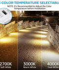 3CCT LED Step Lights for Indoor Outdoor Use 120V 277V Dimmable Vertical Stair Lights 150LM 2.5W Zinc Alloy White IP65 ETL CRI90 Selectable 2700K 3000K 4000K No Fuss Install 6 Pack showing color temperature options on a stone path