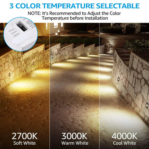 3CCT LED Step Lights for Indoor Outdoor Use 120V 277V Dimmable Vertical Stair Lights 150LM 2.5W Zinc Alloy White IP65 ETL CRI90 Selectable 2700K 3000K 4000K No Fuss Install 6 Pack showing color temperature options on a stone path