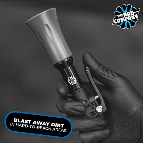 Gloved hand holding Ultra Air Blaster Mini Car Detailing Tool - Powerful Trigger Air Gun To Lift Dirt From Carpets