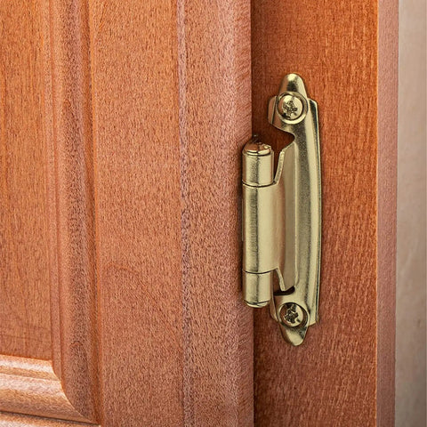 Brushed Brass Cabinet Hinges Self Closing Half Inch Overlay Gold Face Mount installed on a wooden cabinet door.
