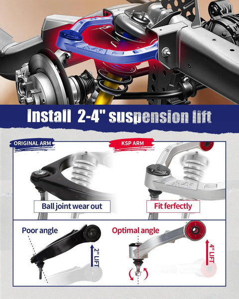 Beefed Up Aluminum Upper Control Arms For Ram 1500 2009 To 2022, Adjustable Front UCA, One Piece Forged T6 Aluminum, Greasable Ball Joints, Silver, Two Piece Set installed on lifted suspension