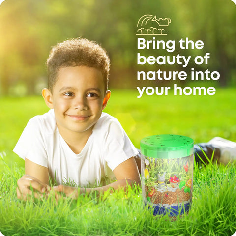 Child with Light Up Terrarium Kit For Kids A Fun Hands On STEM Science Toy, showing jar with LED glow, miniature garden inside.