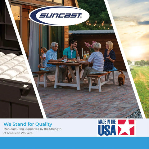 Collage of Suncast, family dining outdoors, and farmland with USA quality text