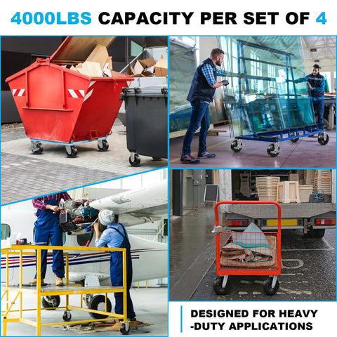 Tough As Nails Six By Two Inch Heavy Duty Caster Wheels With Thick Rubber Over Cast Iron For Dumpsters And Trash Carts Set in use with various carts.