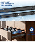 Heavy Duty Soft Close Drawer Slides With Hella Smooth Hydraulic Dampers And Tough One Hundred Pound Load Rating Steel Cabinet Glides Two Pair Kit, rustproof design, showing drawer glides in use with load capacity.