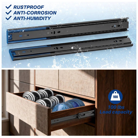Heavy Duty Soft Close Drawer Slides With Hella Smooth Hydraulic Dampers And Tough One Hundred Pound Load Rating Steel Cabinet Glides Two Pair Kit, rustproof design, showing drawer glides in use with load capacity.