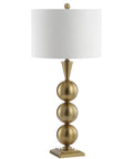 Brass Gold Stacked Orb LED Table Lamp 33 Inch Tall With White Linen Drum Shade Dope Modern Transitional Bedside Or Living Room Light