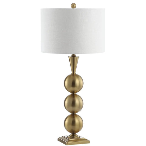Brass Gold Stacked Orb LED Table Lamp 33 Inch Tall With White Linen Drum Shade Dope Modern Transitional Bedside Or Living Room Light