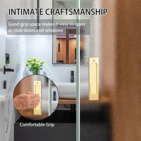 Sliding Barn Door Pull Handles 2 Pack Aluminum Alloy Flush Recessed Rectangular Pulls for Pocket Doors in Gold Finish installed on glass.