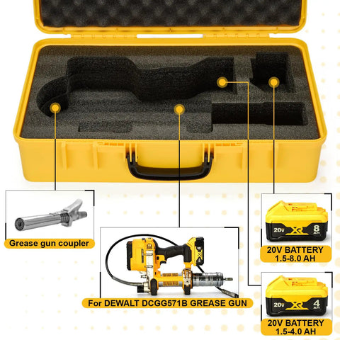 Open yellow Beefy Hard Shell Case For 20V Max Grease Gun Kit DCGG571M1 DCGG571B with foam insert for tools and accessories