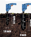Garden Auger Drill Bit For Planting 1.6x8.7 And 4x12 Inches Fast Bulb And Bedding Plant Installer Spiral Drill Bit With Three Eighth Inch Hex Drive Easy To Use And Time Saving, two drill bits shown with dimensions
