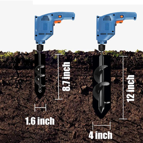 Garden Auger Drill Bit For Planting 1.6x8.7 And 4x12 Inches Fast Bulb And Bedding Plant Installer Spiral Drill Bit With Three Eighth Inch Hex Drive Easy To Use And Time Saving, two drill bits shown with dimensions