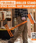 Built Tough Heavy Duty Folding Roller Stand 2 Pack With Adjustable Height Quick Knob Lock Casters Smoothly Rolls Plywood And Boards Up To 500 Pounds Solid Workhorse Extension For Table Saw Jobs portable single roller stand in hand, lightweight design, orange finish.