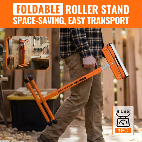 Built Tough Heavy Duty Folding Roller Stand 2 Pack With Adjustable Height Quick Knob Lock Casters Smoothly Rolls Plywood And Boards Up To 500 Pounds Solid Workhorse Extension For Table Saw Jobs portable single roller stand in hand, lightweight design, orange finish.
