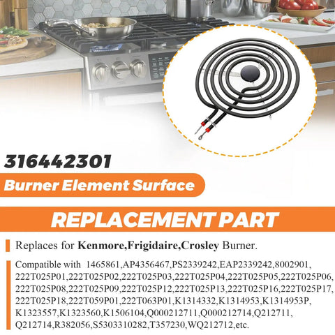 8 Inch Electric Coil Burner Replacement Element 2600W Fits Whirlpool Frigidaire Kenmore Stovetops MP26YA 316442301 Surface Cooktop Burner With Pigtail Ends 5 Turns