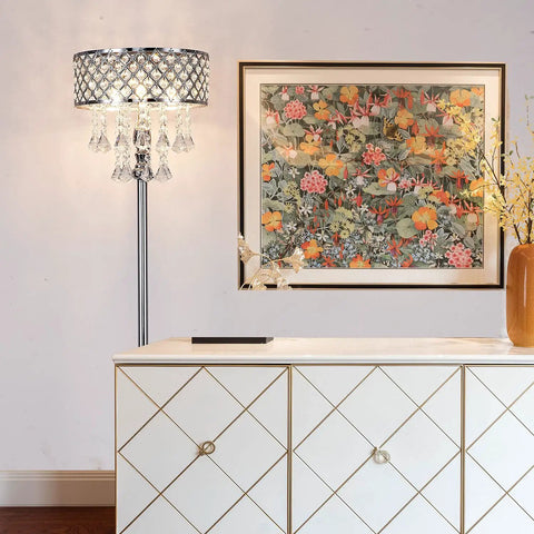 Mini European Crystal Floor Lamp With Sleek Chrome Finish Three Light Bars For Living Room Bedroom And Office Slim Lightweight Standing Lamp 110V 120V G9 Bulbs Not Included Plug N Play Modern Elegant Home Decor beside a dresser