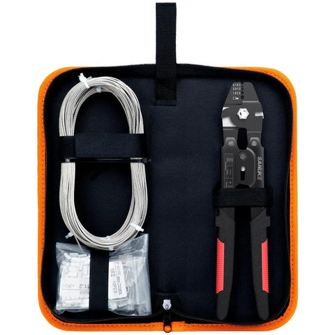 Heavy Duty Wire Rope Crimp Tool Kit For 1/16, 3/64 And 5/64 Inch Cable with crimp tool, ferrules, and rope in carrying case