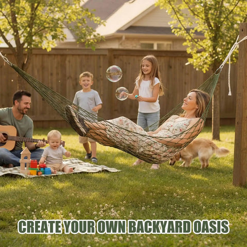 Family enjoying 4 Pack Mesh Hammocks Set For Outdoor Chill Pine Green Nylon Hammocks 98.4 x 31.5 Inches in backyard