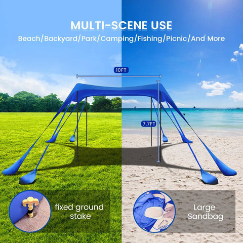 10x10 Ft Beach Shade Canopy Tent With 8 Sandbags, UPF Fifty Plus Sun Shelter for Beach and Backyard with fixed stakes and sandbags