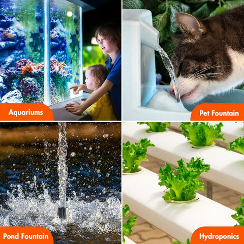 Aquariums, pet fountain, pond fountain, and hydroponics setups using powerful workhorse submersible water pump with adjustable intake